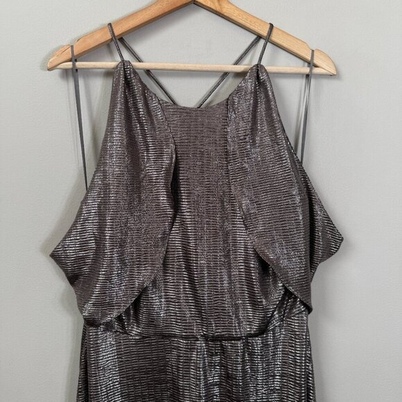 Halston Metallic Fit & Flare Midi Dress Women's 8 Gunmetal Silver Cocktail Party - Picture 5 of 14